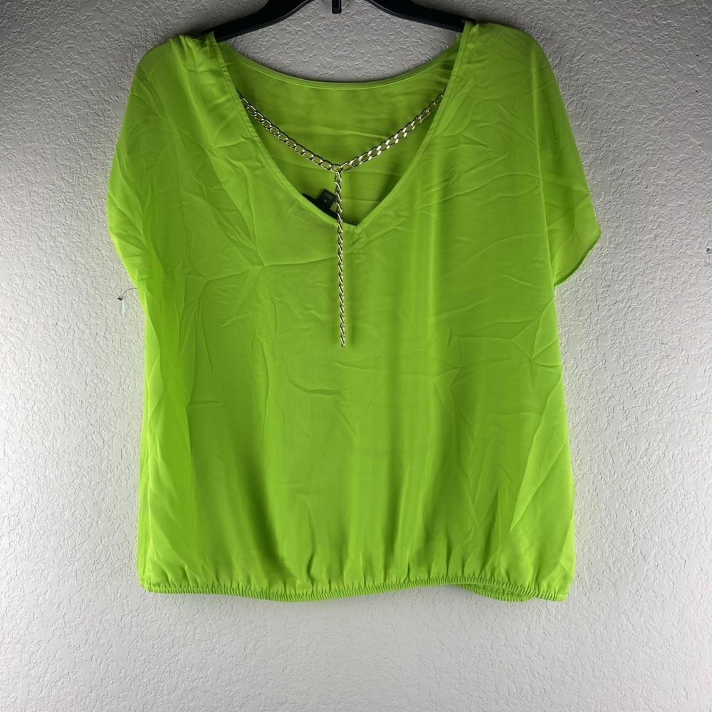 Bold Elements Women's Medium Neon Lime Green Gold Chain V-Neck Blouse NWOT